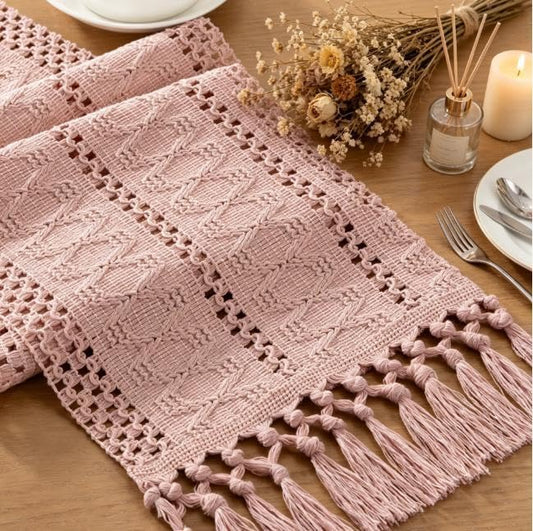 Boho Macrame Table Runner 72 inches Small Coffee Pink Table Runner Short Table Runners with Tassels Dresser Runners for Farmhouse Bedroom Living Room Home Decor