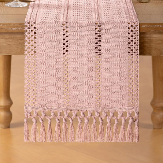 Boho Macrame Table Runner 72 inches Small Coffee Pink Table Runner Short Table Runners with Tassels Dresser Runners for Farmhouse Bedroom Living Room Home Decor