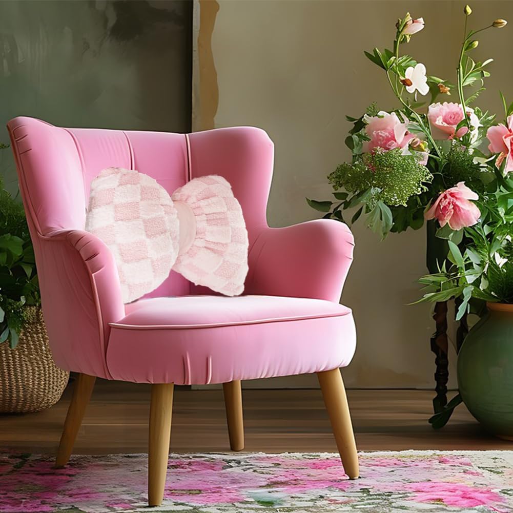 2 Pcs Pink Bow Pillow Big Bow Shaped Cushion Plush Car Lumbar Pillow Aesthetic Home Decor Throw Pillows for Room Bed Sofa Couch Decor