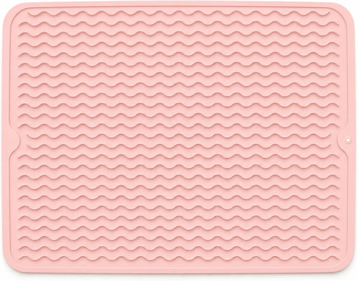 Silicone Dish Drying Mat 16 x 12 Inch, Non-Slip Heat Resistant Food-Grade Silicone Dish Pad, Easy Clean Multipurpose Sink Mat & Counter Protector, Pink Rose