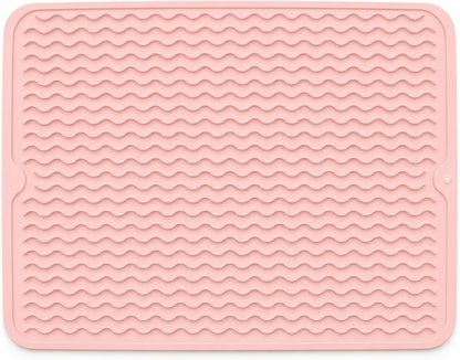 Silicone Dish Drying Mat 16 x 12 Inch, Non-Slip Heat Resistant Food-Grade Silicone Dish Pad, Easy Clean Multipurpose Sink Mat & Counter Protector, Pink Rose