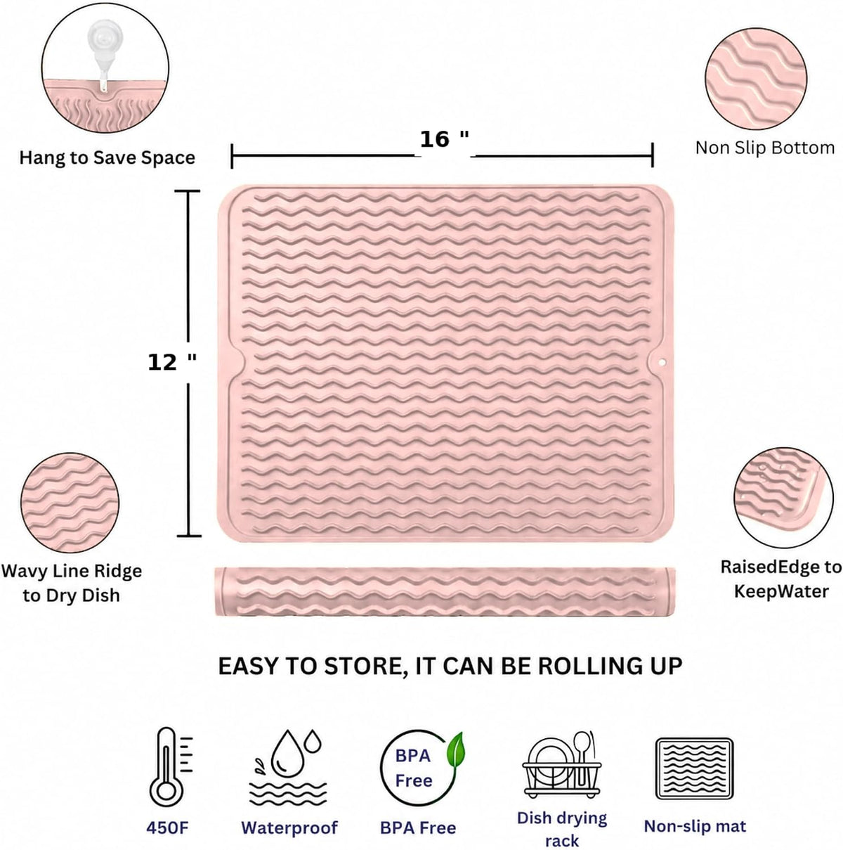 Silicone Dish Drying Mat 16 x 12 Inch, Non-Slip Heat Resistant Food-Grade Silicone Dish Pad, Easy Clean Multipurpose Sink Mat & Counter Protector, Pink Rose