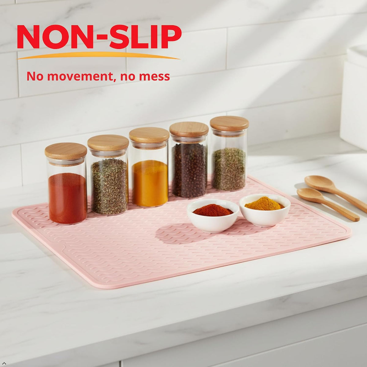 Silicone Dish Drying Mat 16 x 12 Inch, Non-Slip Heat Resistant Food-Grade Silicone Dish Pad, Easy Clean Multipurpose Sink Mat & Counter Protector, Pink Rose