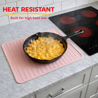 Silicone Dish Drying Mat 16 x 12 Inch, Non-Slip Heat Resistant Food-Grade Silicone Dish Pad, Easy Clean Multipurpose Sink Mat & Counter Protector, Pink Rose
