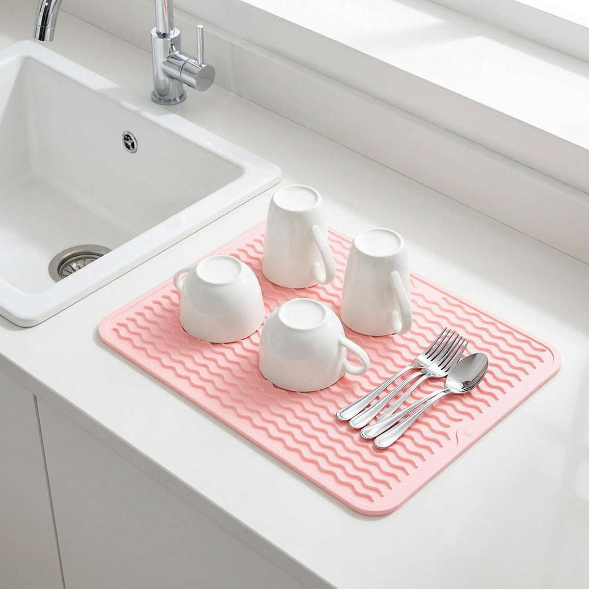 Silicone Dish Drying Mat 16 x 12 Inch, Non-Slip Heat Resistant Food-Grade Silicone Dish Pad, Easy Clean Multipurpose Sink Mat & Counter Protector, Pink Rose