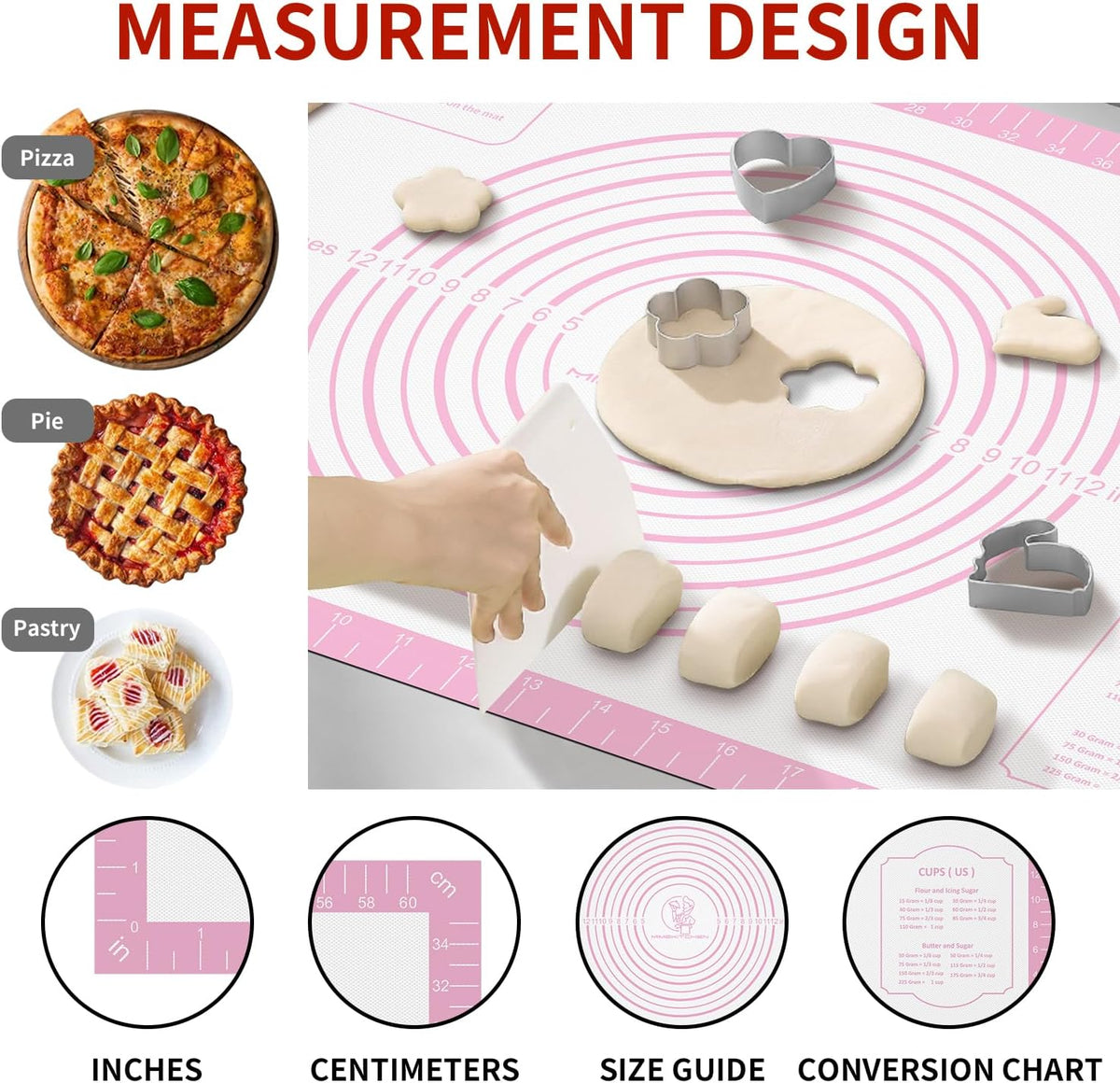 Non-stick Silicone Pastry Mat, Silicone Baking Mat with Measurements, Kitchen Counter Mat, Dough Rolling Mat, Oven Liner, Fondant Mat, Pie Crust Mat Silicone Bread Mat