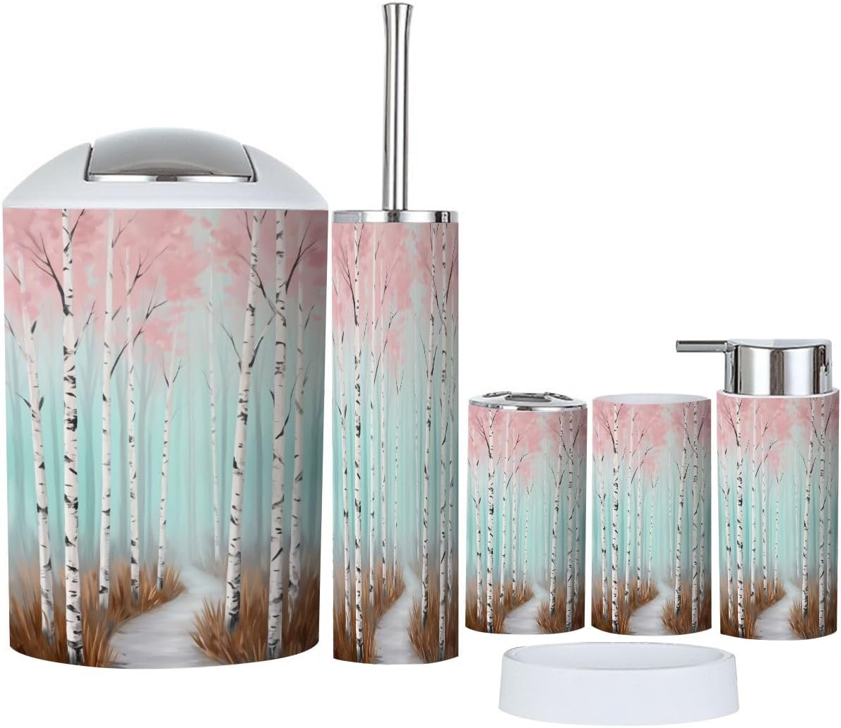 Pink Coastal Bathroom Accessories Set 6 piece Botanical Pink Tree Plant Women Graffiti White Birch Trees Plastic shatterproof Vanity Organization countertop Decor for Home, Apartment, Dorm
