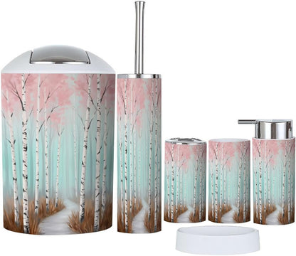 Pink Coastal Bathroom Accessories Set 6 piece Botanical Pink Tree Plant Women Graffiti White Birch Trees Plastic shatterproof Vanity Organization countertop Decor for Home, Apartment, Dorm