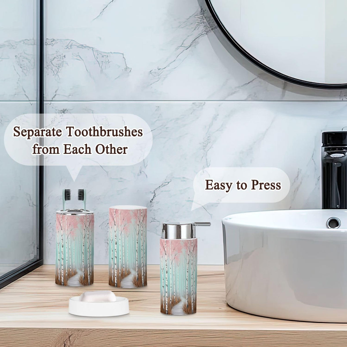 Pink Coastal Bathroom Accessories Set 6 piece Botanical Pink Tree Plant Women Graffiti White Birch Trees Plastic shatterproof Vanity Organization countertop Decor for Home, Apartment, Dorm