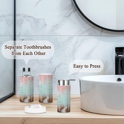 Pink Coastal Bathroom Accessories Set 6 piece Botanical Pink Tree Plant Women Graffiti White Birch Trees Plastic shatterproof Vanity Organization countertop Decor for Home, Apartment, Dorm