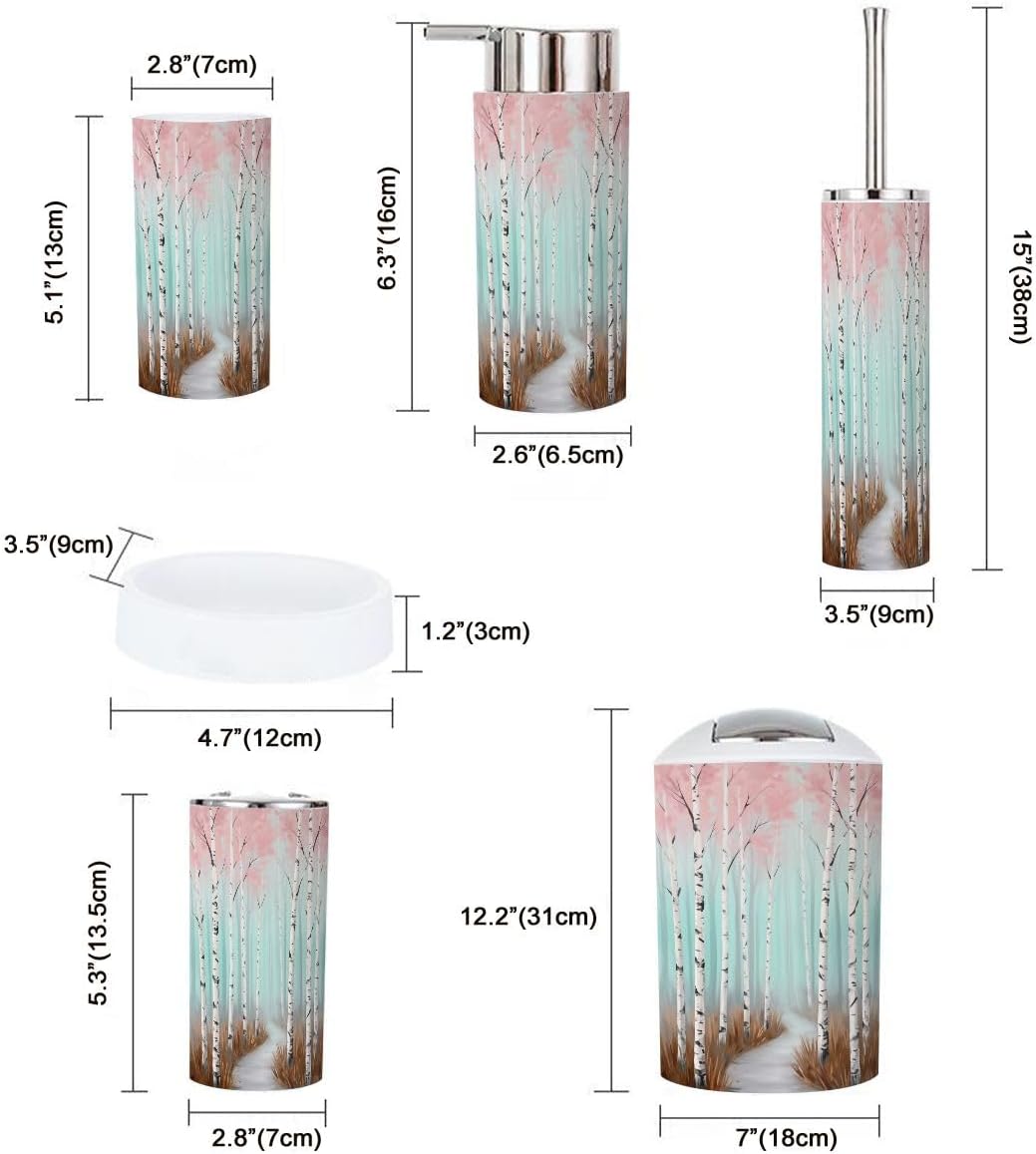 Pink Coastal Bathroom Accessories Set 6 piece Botanical Pink Tree Plant Women Graffiti White Birch Trees Plastic shatterproof Vanity Organization countertop Decor for Home, Apartment, Dorm