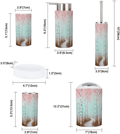 Pink Coastal Bathroom Accessories Set 6 piece Botanical Pink Tree Plant Women Graffiti White Birch Trees Plastic shatterproof Vanity Organization countertop Decor for Home, Apartment, Dorm