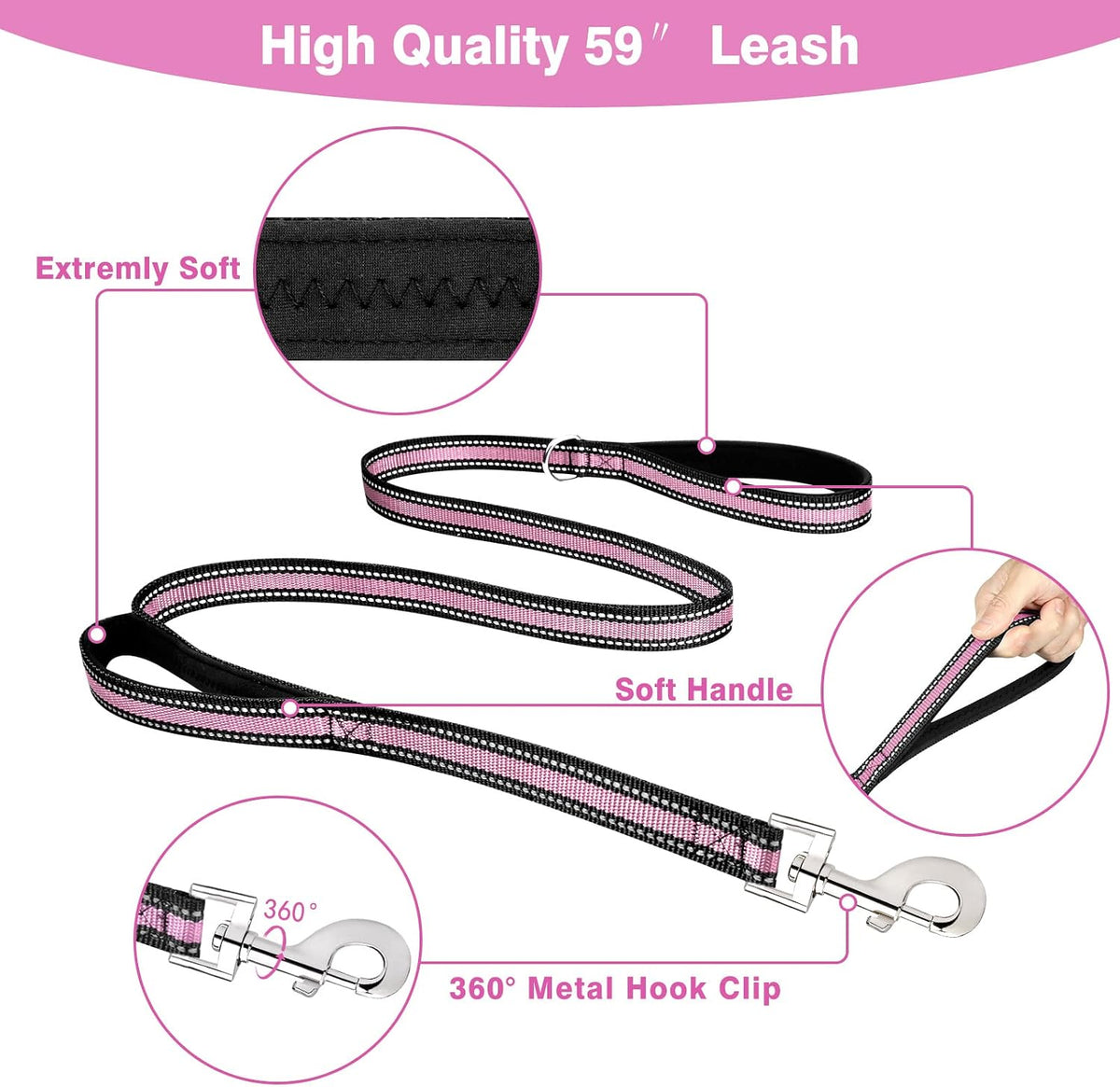 Pet Harness Collar and Leash Set, All-in-one Reflective Dog Harness No Pull with Adjustable Buckles for Puppies, Small, Medium, Large, and Extra-Large Dogs (Large, Pink)