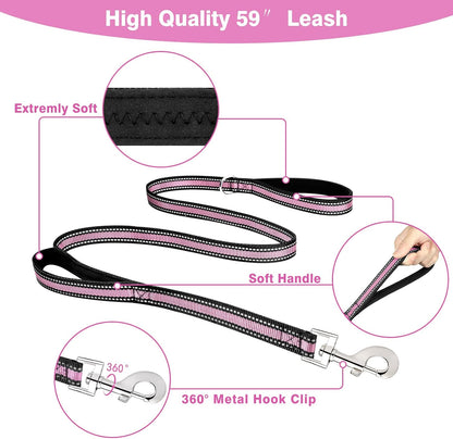 Pet Harness Collar and Leash Set, All-in-one Reflective Dog Harness No Pull with Adjustable Buckles for Puppies, Small, Medium, Large, and Extra-Large Dogs (Large, Pink)