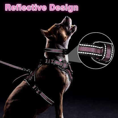 Pet Harness Collar and Leash Set, All-in-one Reflective Dog Harness No Pull with Adjustable Buckles for Puppies, Small, Medium, Large, and Extra-Large Dogs (Large, Pink)