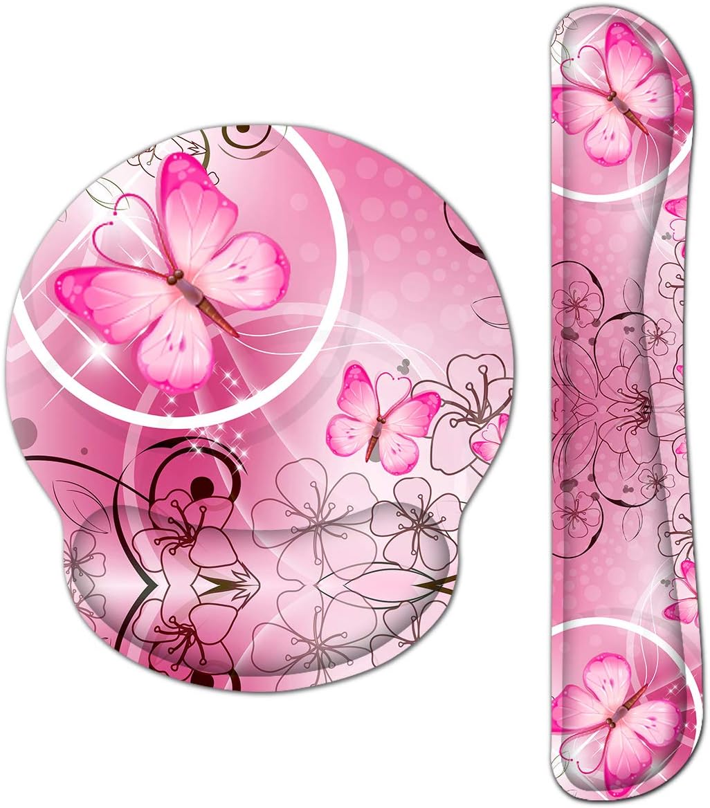 Keyboard Wrist Rest and Mouse Pad with Wrist Support, Memory Foam Set for Gaming and Office, Comfortable & Lightweight for Easy Typing & Pain Relief (Pink Butterfly)