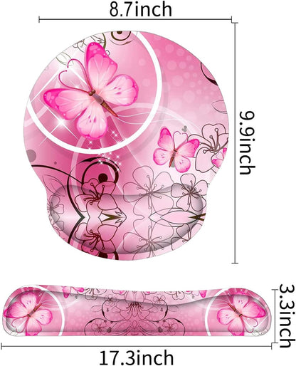 Keyboard Wrist Rest and Mouse Pad with Wrist Support, Memory Foam Set for Gaming and Office, Comfortable & Lightweight for Easy Typing & Pain Relief (Pink Butterfly)