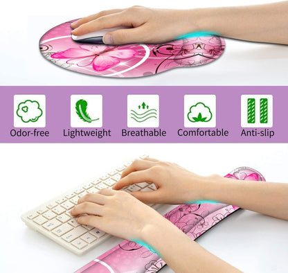 Keyboard Wrist Rest and Mouse Pad with Wrist Support, Memory Foam Set for Gaming and Office, Comfortable & Lightweight for Easy Typing & Pain Relief (Pink Butterfly)