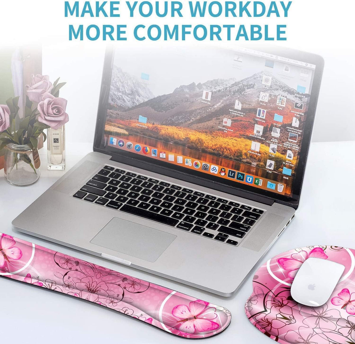 Keyboard Wrist Rest and Mouse Pad with Wrist Support, Memory Foam Set for Gaming and Office, Comfortable & Lightweight for Easy Typing & Pain Relief (Pink Butterfly)