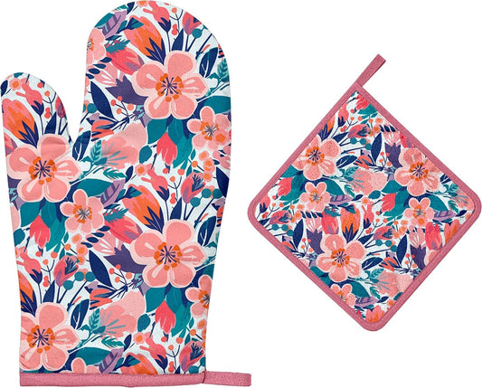 Pink Flowers Oven Mitts and Pot Holders Sets, Heat Resistant Kitchen Gloves Hot Pads