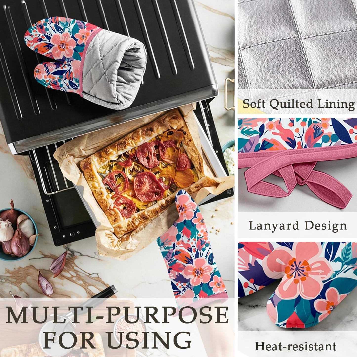 Pink Flowers Oven Mitts and Pot Holders Sets, Heat Resistant Kitchen Gloves Hot Pads