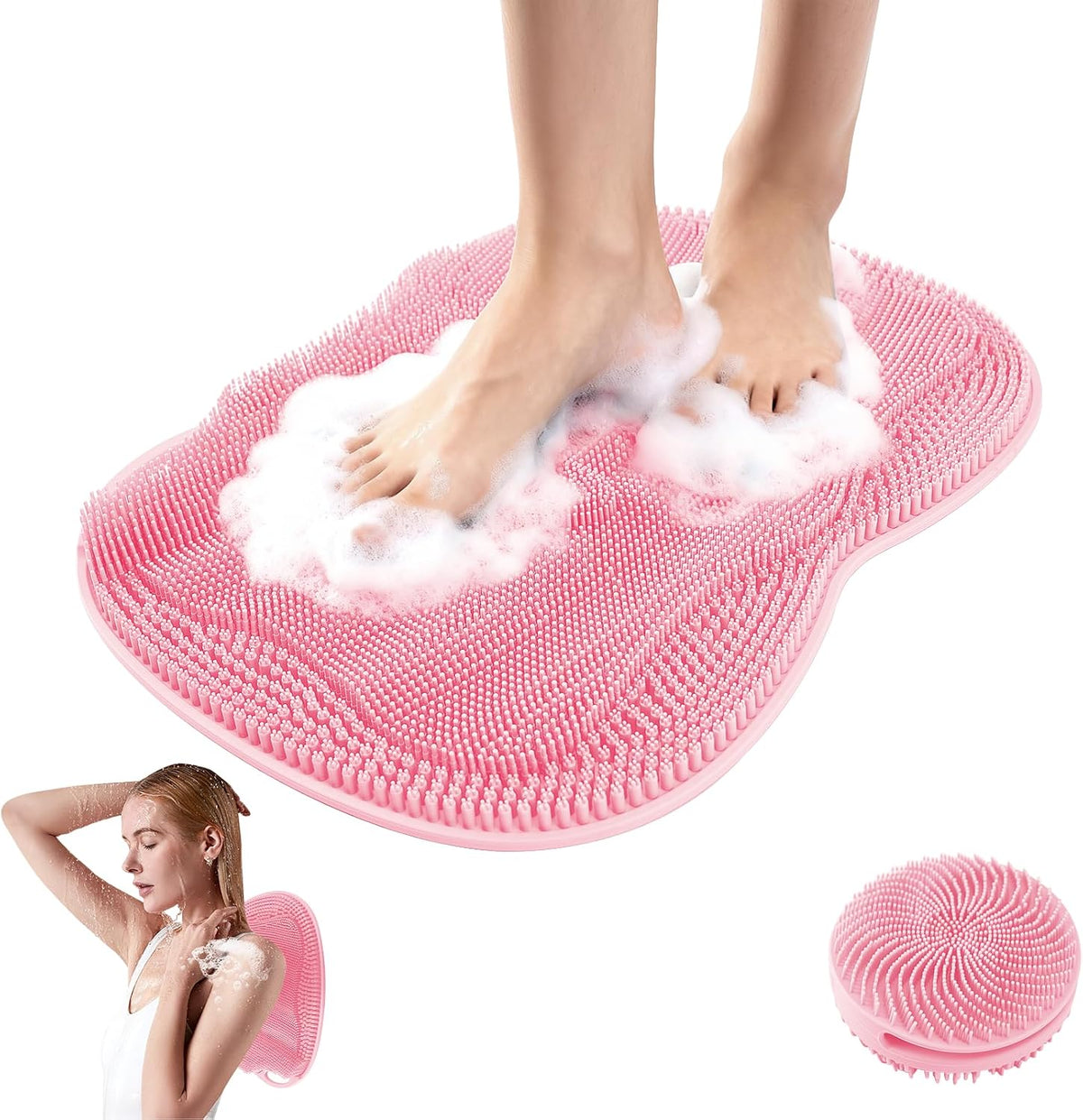 Bath Shower Foot Scrubber Mat - Silicone Shower Foot Scrubber Mat (XL) Cleaner Foot Toes Clean Pad Without Bending Non-Slip Suction Cups Bathroom mat 17.2 * 13 inch - Pink