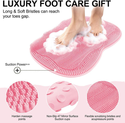 Bath Shower Foot Scrubber Mat - Silicone Shower Foot Scrubber Mat (XL) Cleaner Foot Toes Clean Pad Without Bending Non-Slip Suction Cups Bathroom mat 17.2 * 13 inch - Pink