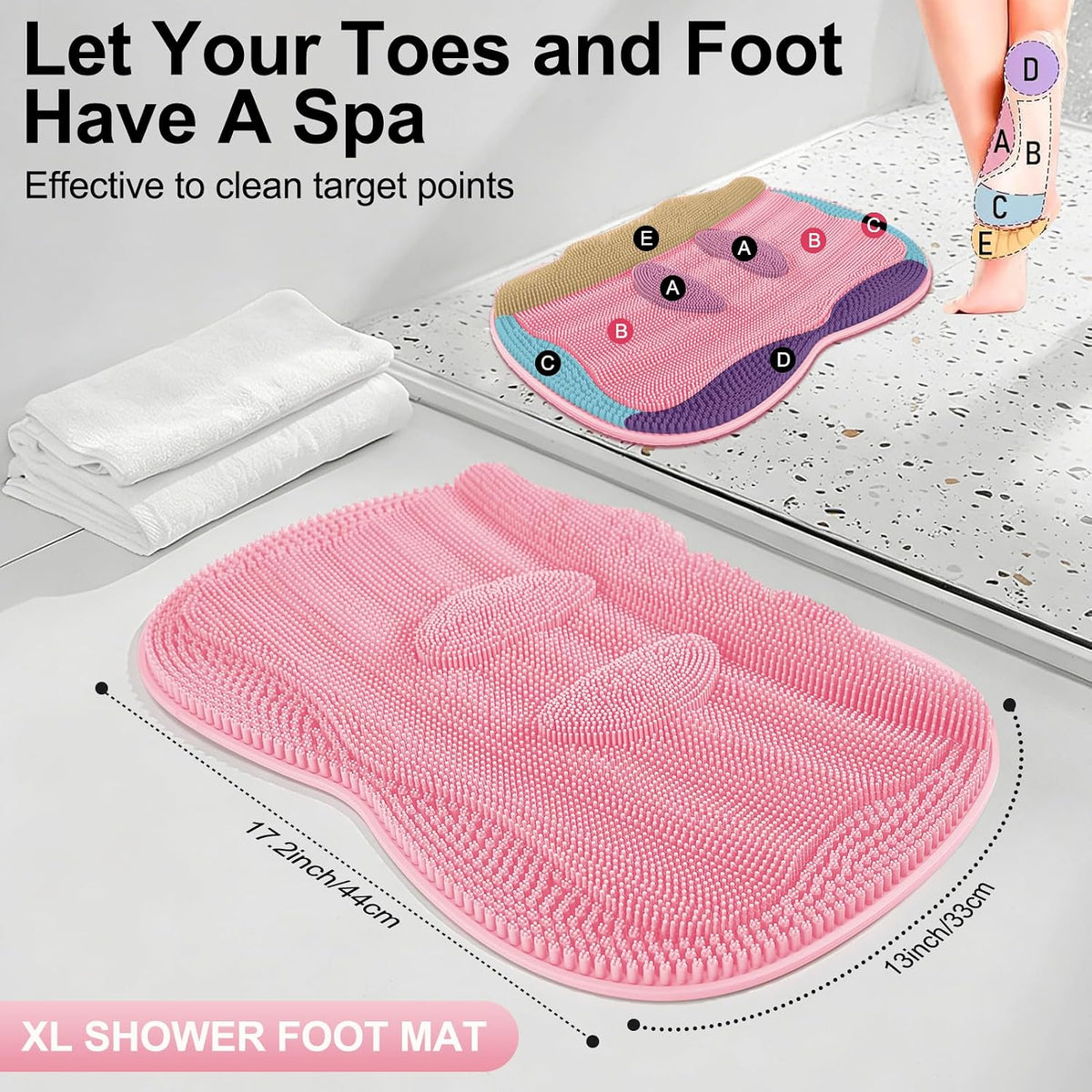 Bath Shower Foot Scrubber Mat - Silicone Shower Foot Scrubber Mat (XL) Cleaner Foot Toes Clean Pad Without Bending Non-Slip Suction Cups Bathroom mat 17.2 * 13 inch - Pink