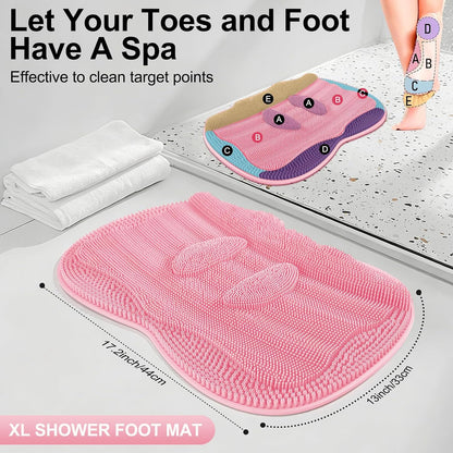 Bath Shower Foot Scrubber Mat - Silicone Shower Foot Scrubber Mat (XL) Cleaner Foot Toes Clean Pad Without Bending Non-Slip Suction Cups Bathroom mat 17.2 * 13 inch - Pink