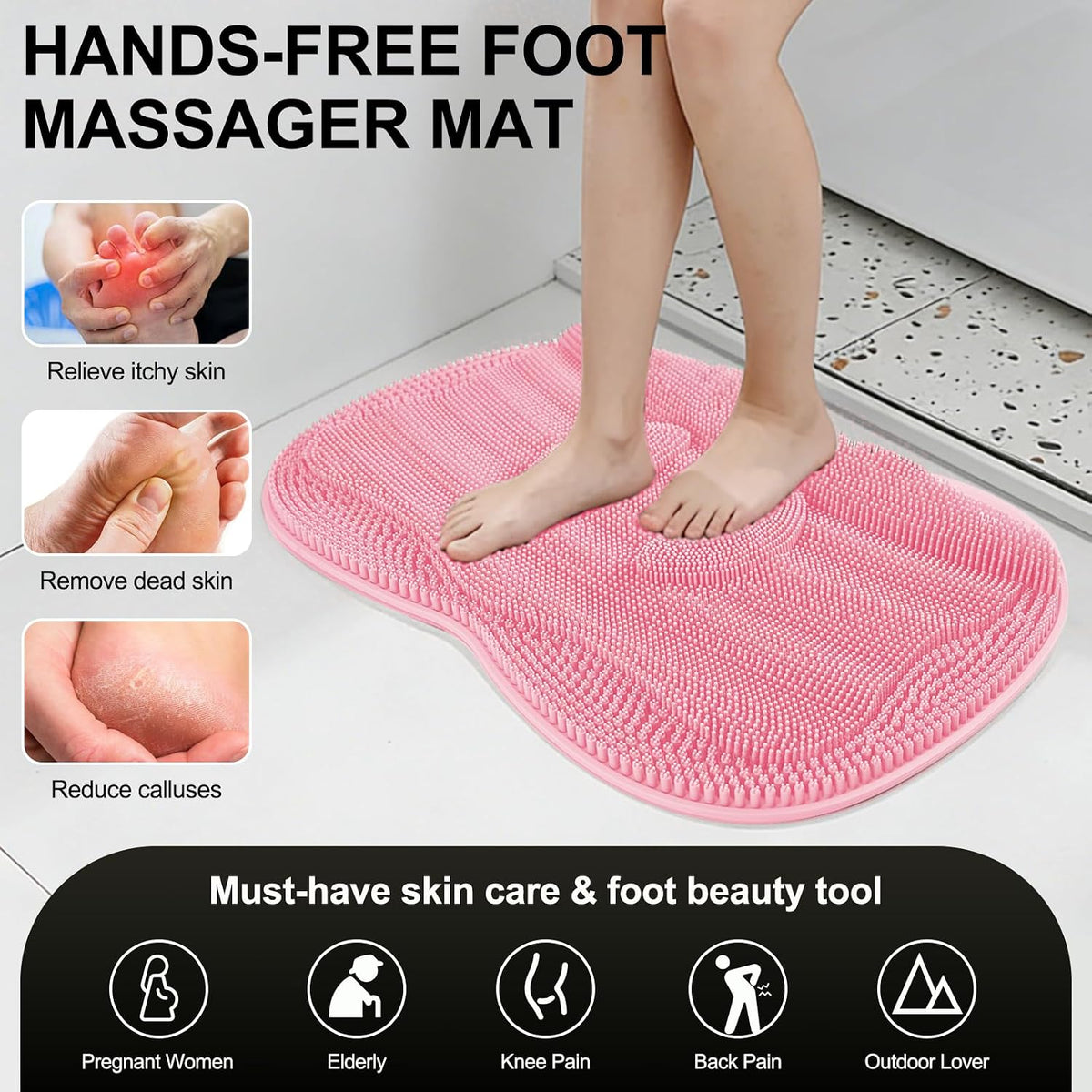 Bath Shower Foot Scrubber Mat - Silicone Shower Foot Scrubber Mat (XL) Cleaner Foot Toes Clean Pad Without Bending Non-Slip Suction Cups Bathroom mat 17.2 * 13 inch - Pink