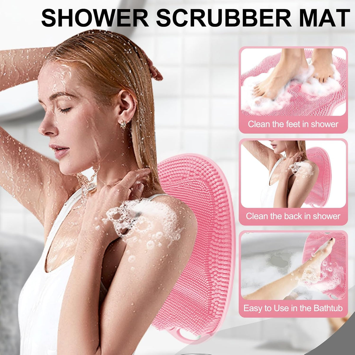 Bath Shower Foot Scrubber Mat - Silicone Shower Foot Scrubber Mat (XL) Cleaner Foot Toes Clean Pad Without Bending Non-Slip Suction Cups Bathroom mat 17.2 * 13 inch - Pink