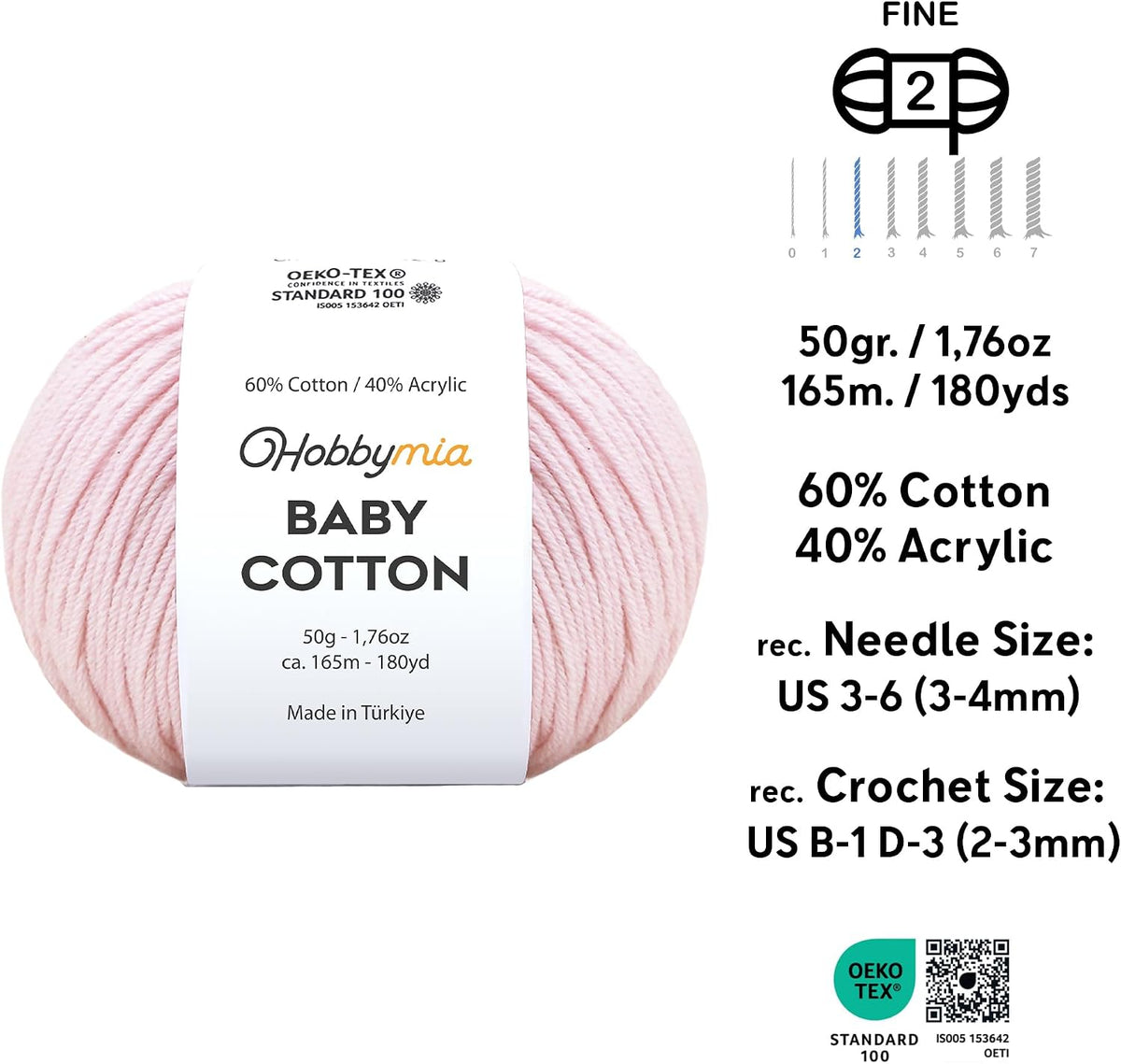 Baby Cotton Yarn – Sport Weight - 50g/180yds (Light Pink, 1 Ball)