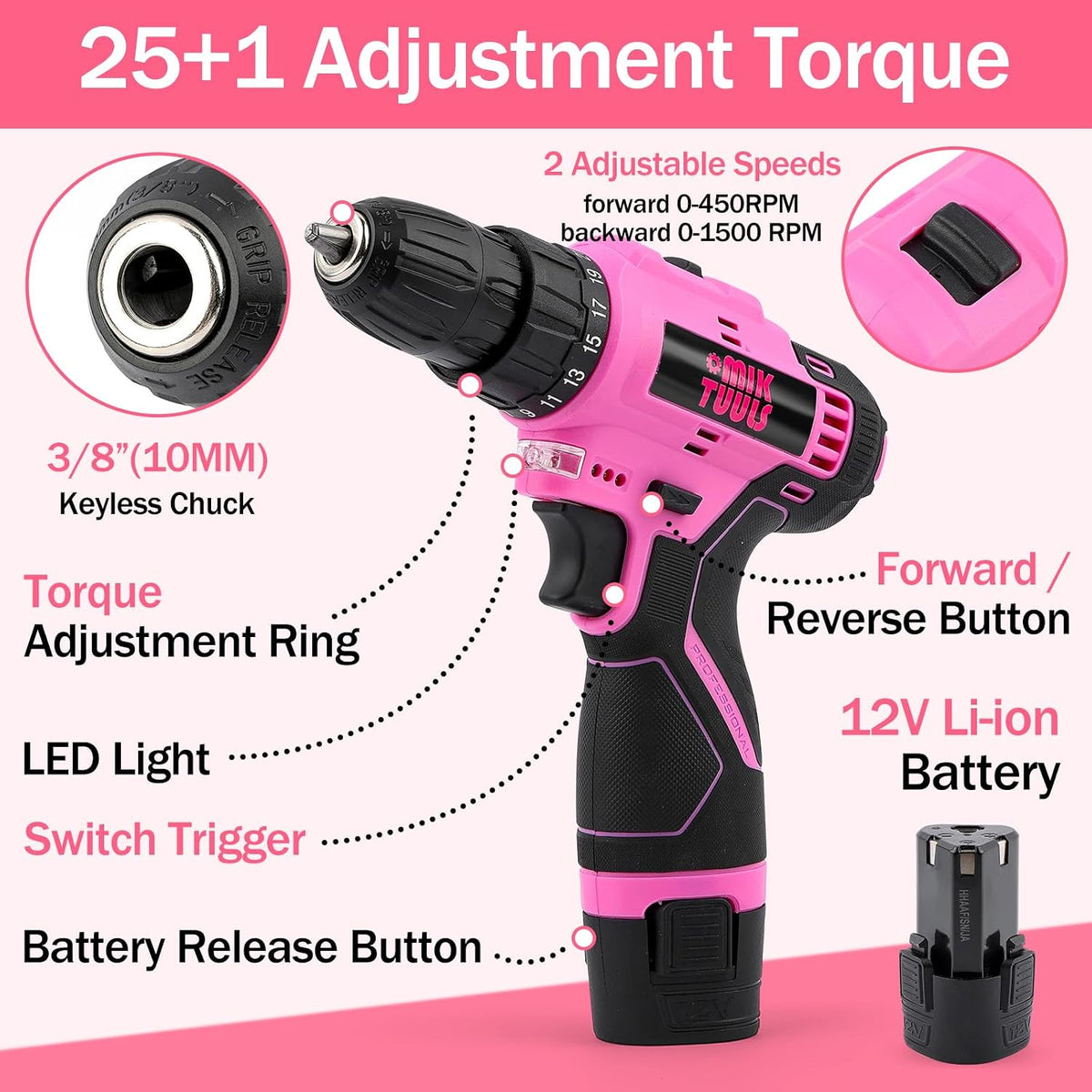 152PCS Home Tool Kit with 12V Cordless Drill, Pink