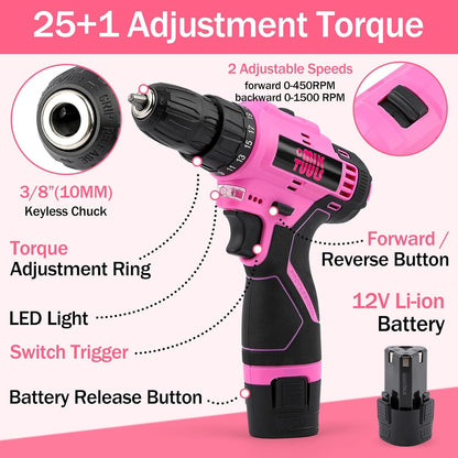 152PCS Home Tool Kit with 12V Cordless Drill, Pink