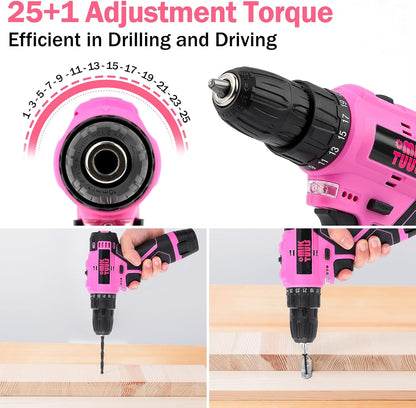152PCS Home Tool Kit with 12V Cordless Drill, Pink