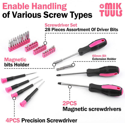 152PCS Home Tool Kit with 12V Cordless Drill, Pink