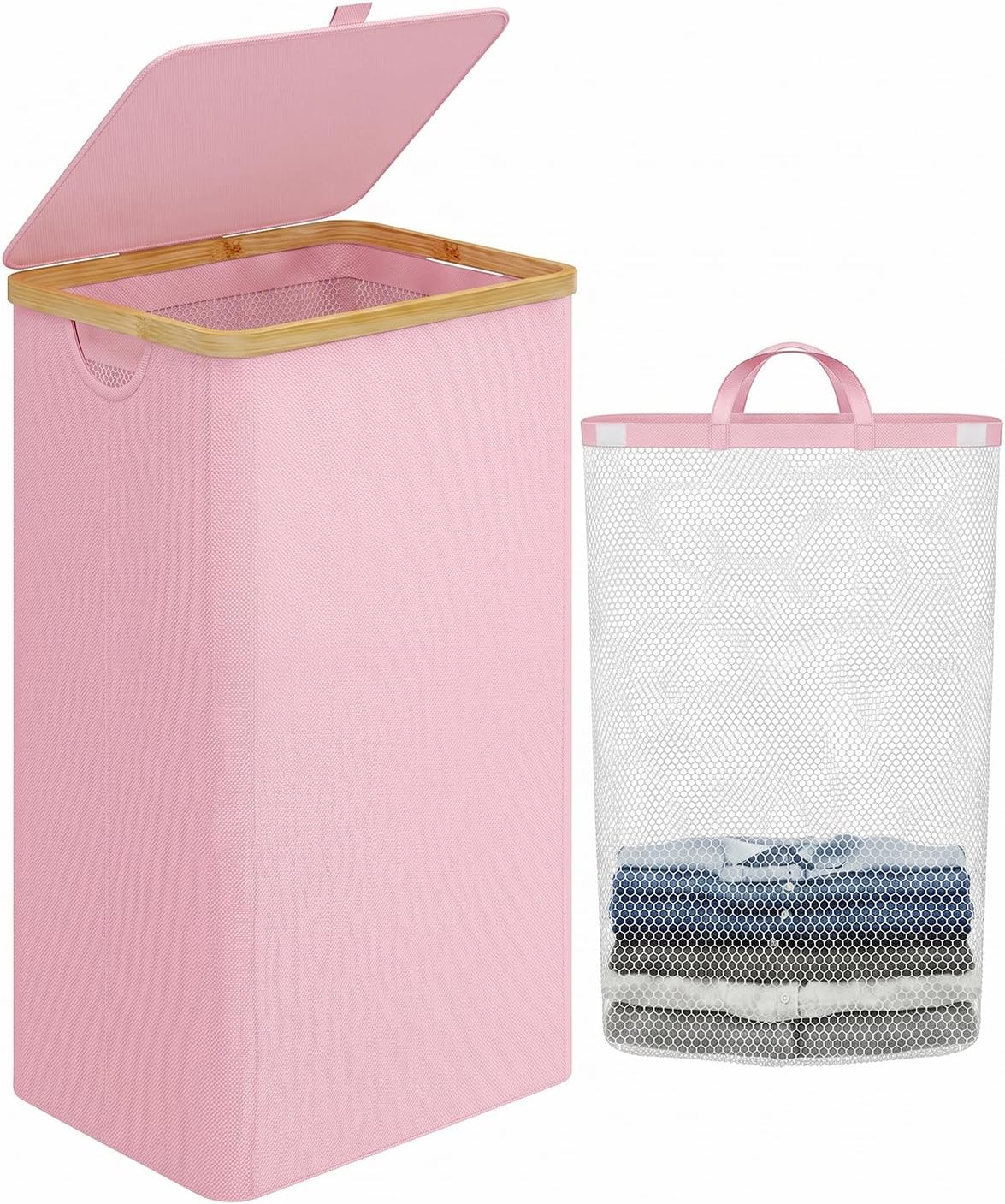 Laundry Hamper with Lid,110L Laundry Basket with Mesh Bags,Pink