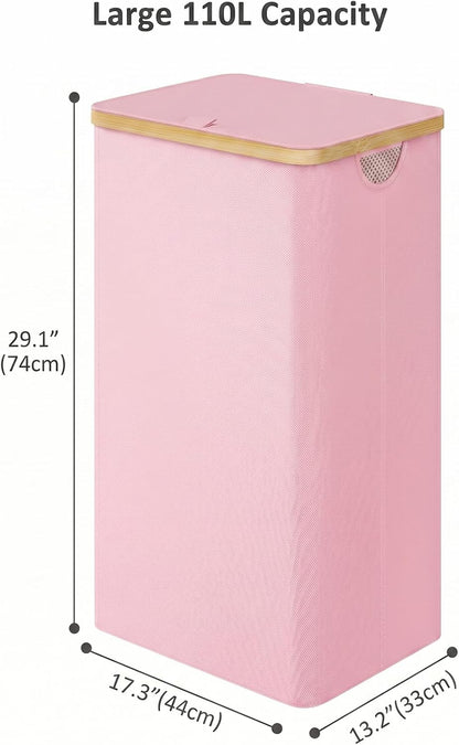 Laundry Hamper with Lid,110L Laundry Basket with Mesh Bags,Pink