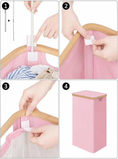 Laundry Hamper with Lid,110L Laundry Basket with Mesh Bags,Pink