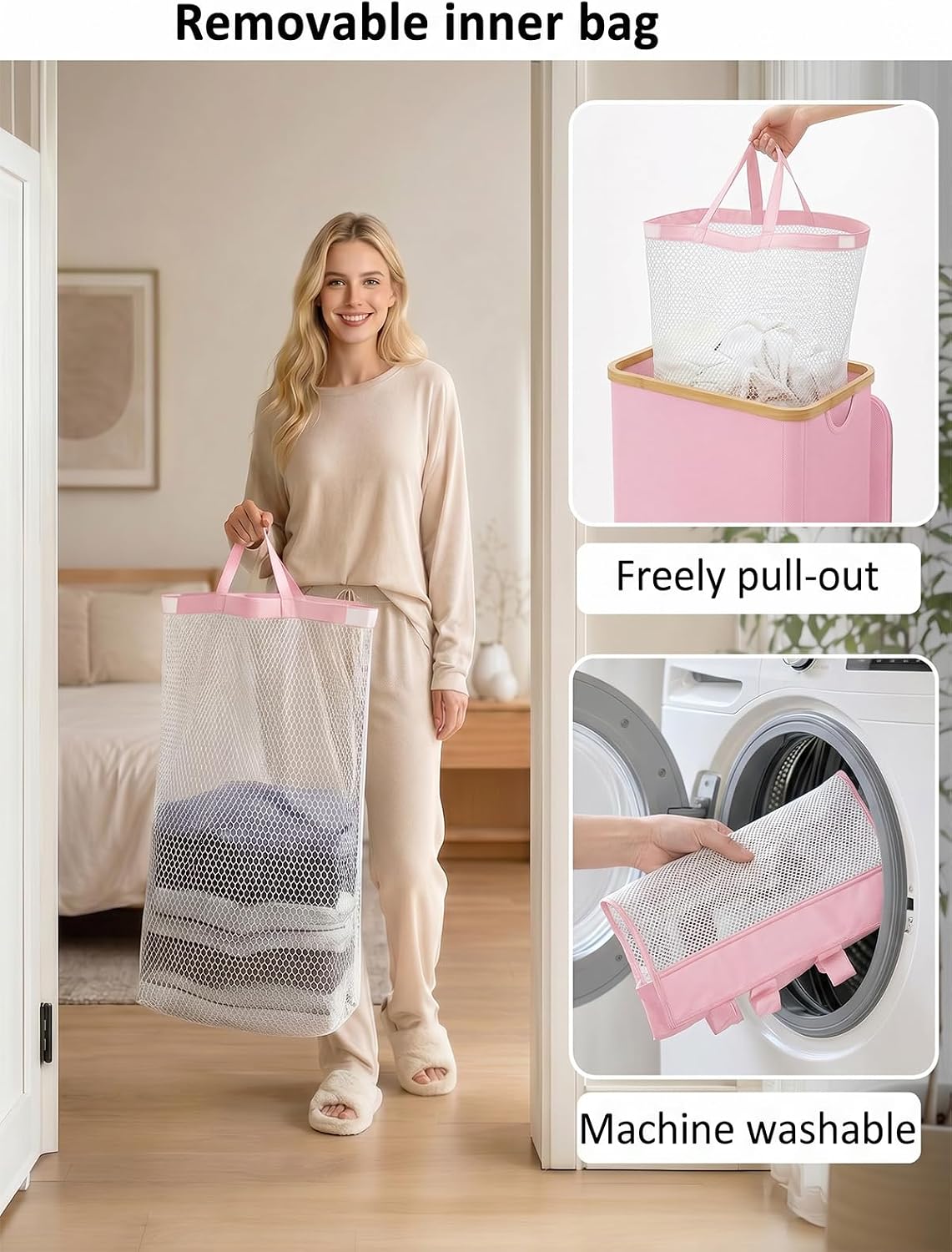 Laundry Hamper with Lid,110L Laundry Basket with Mesh Bags,Pink