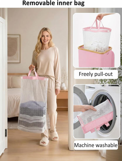 Laundry Hamper with Lid,110L Laundry Basket with Mesh Bags,Pink