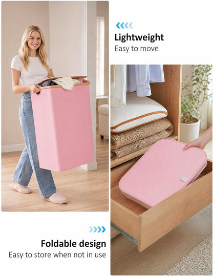 Laundry Hamper with Lid,110L Laundry Basket with Mesh Bags,Pink