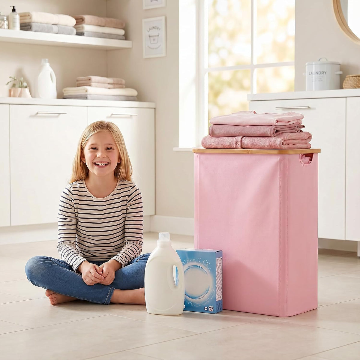 Laundry Hamper with Lid,110L Laundry Basket with Mesh Bags,Pink