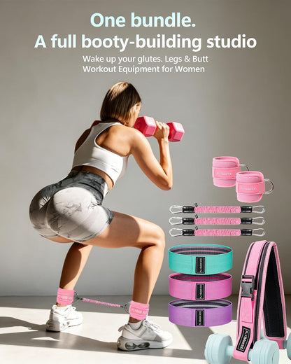 Glute Workout Equipment- Hip Thrust Belt for Dumbbells,Ankle Resistance Bands with Cuffs & Fabric Booty Bands for Women - Legs & Butt Workout Equipment for Women, Hip & Booty Building Set