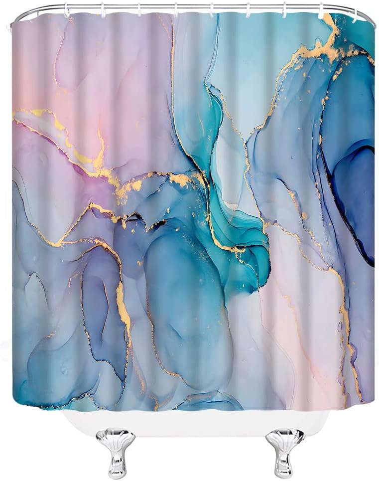 Teal Pink Marble Shower Curtain Modern Abstract Blue Marble Texture Gold Stripes Elegant Luxury Fabric Decor Bathroom Curtain Set with Hooks
