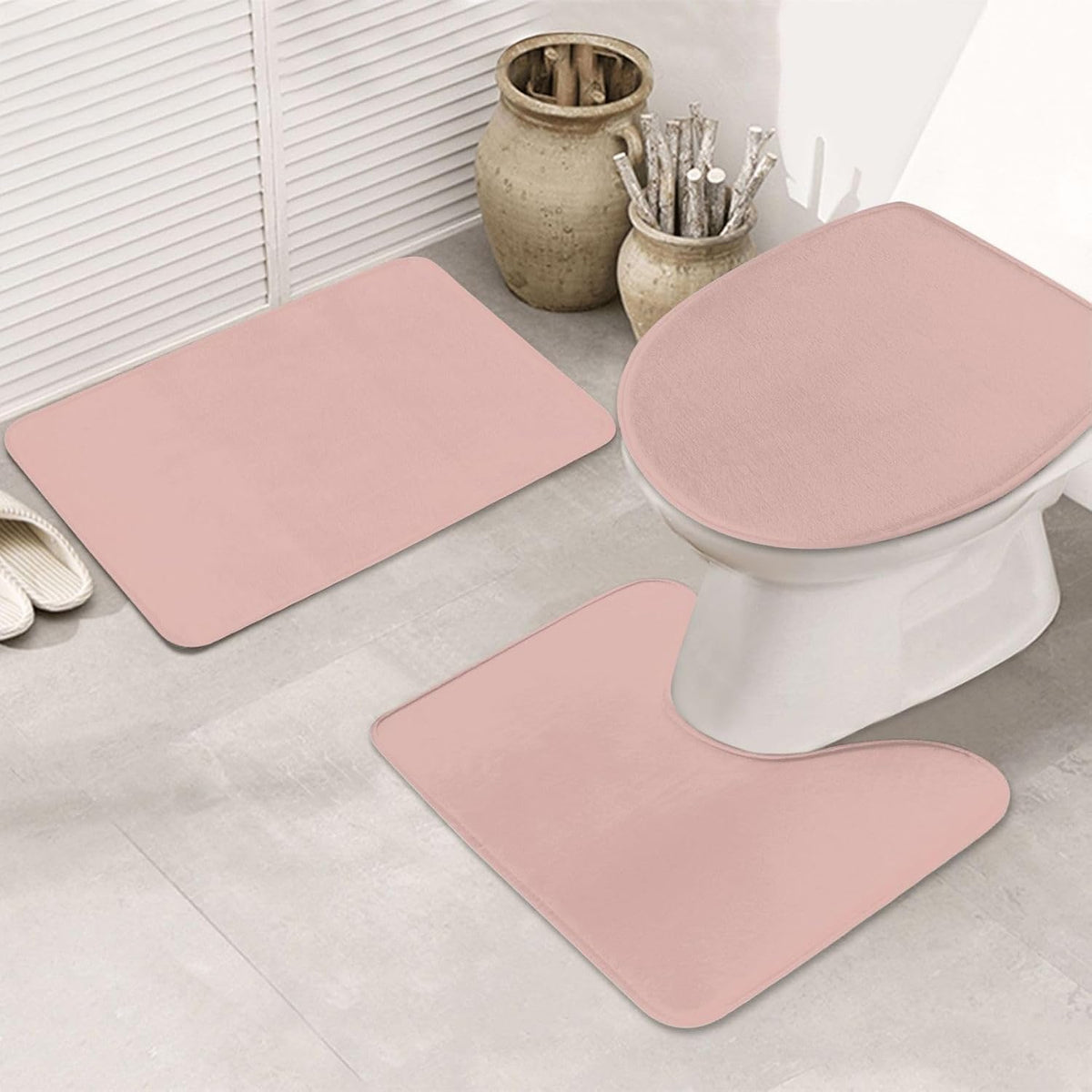 3 Pieces Bath Rug Set, Dusty Rose Pale Pink Solid Trend Color Bathroom Mat Set Non Slip & Absorbent Bath Carpet, U Shaped Contour Rug & Toilet Lid Cover