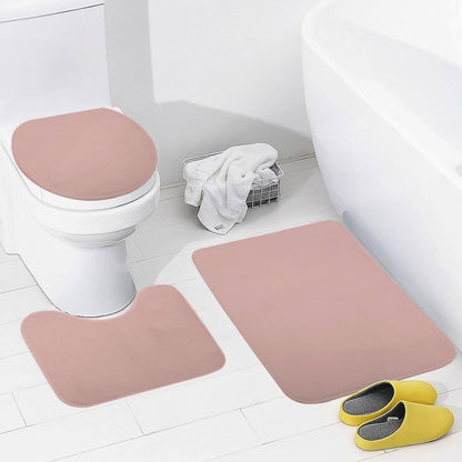 3 Pieces Bath Rug Set, Dusty Rose Pale Pink Solid Trend Color Bathroom Mat Set Non Slip & Absorbent Bath Carpet, U Shaped Contour Rug & Toilet Lid Cover