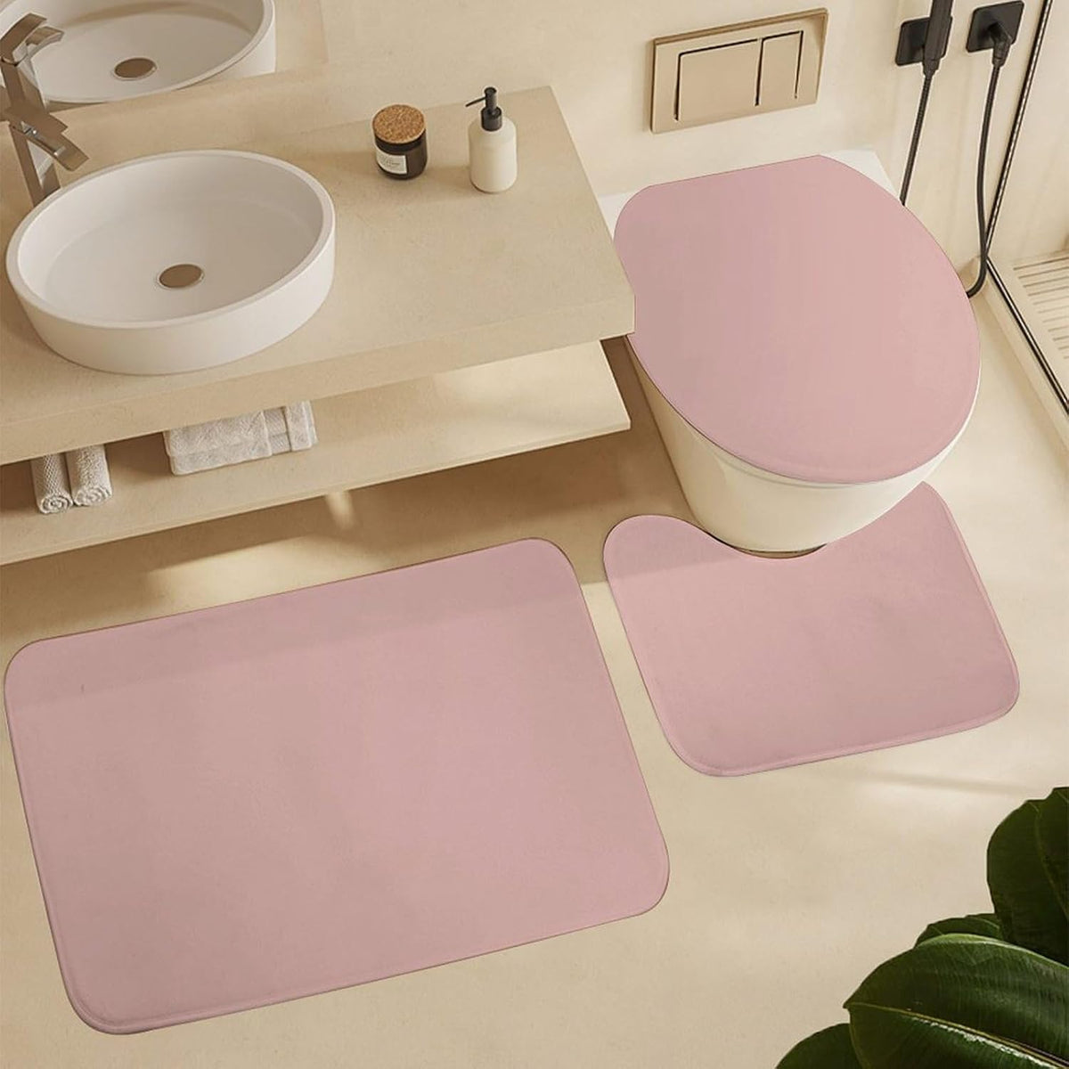 3 Pieces Bath Rug Set, Dusty Rose Pale Pink Solid Trend Color Bathroom Mat Set Non Slip & Absorbent Bath Carpet, U Shaped Contour Rug & Toilet Lid Cover