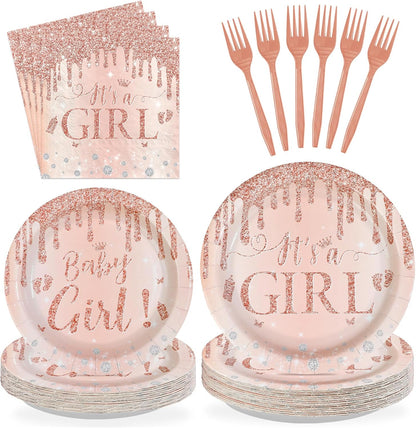 96 Pcs It's a Girl Baby Shower Party Decorations, Serves 24