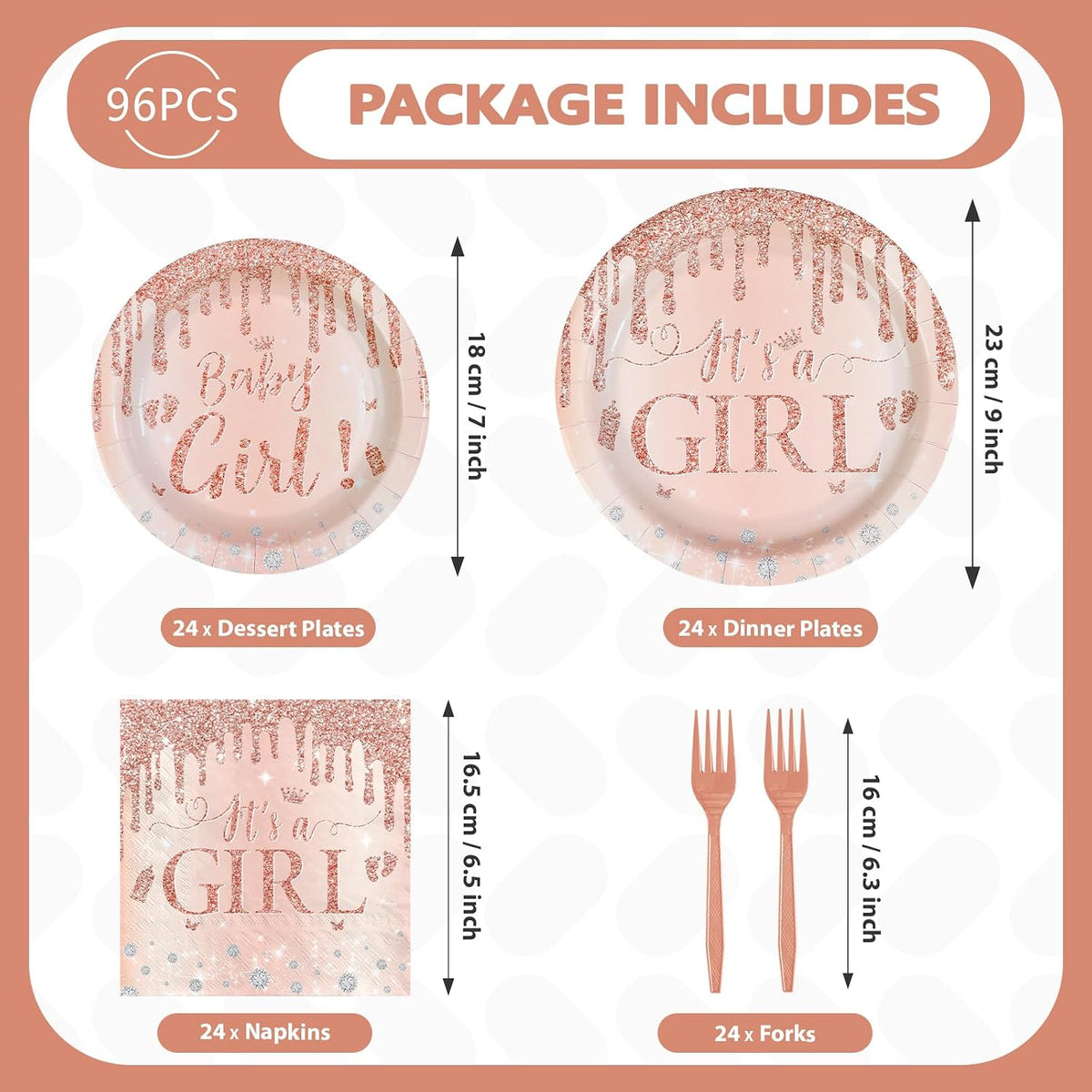 96 Pcs It's a Girl Baby Shower Party Decorations, Serves 24